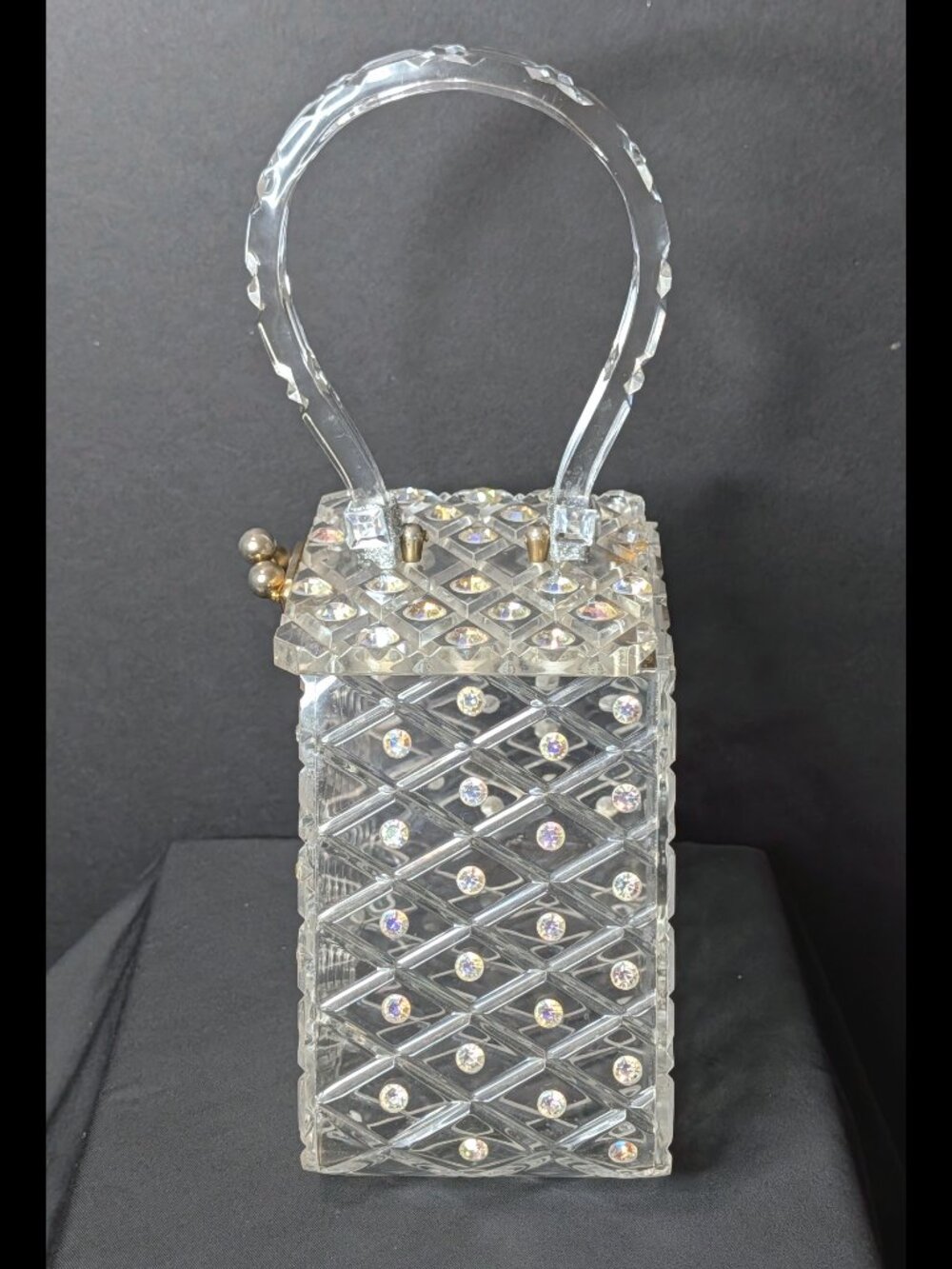 Unbelievable CHARLES KAHN Clear Lattice Rhinestone 1950s Lucite Purse, Good Cond - Picture 8 of 15